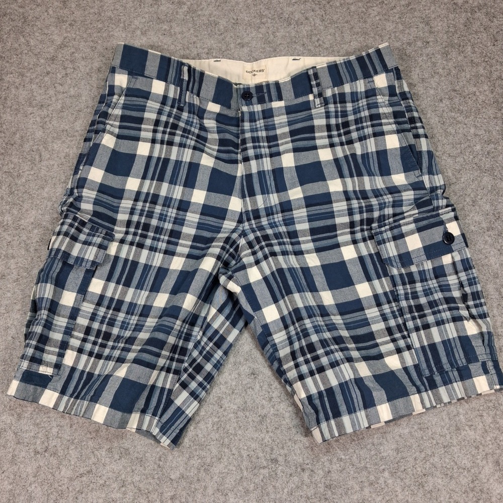 Dockers Cargo Shorts‎ Mens 36 Blue Plaid Cotton Stretch Casual Pockets